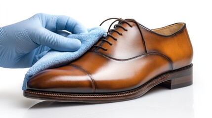 A hand in blue gloves is cleaning a brown leather shoe with a blue cloth on a white background.