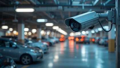 Security camera mounted on wall in a modern parking garage, capturing vehicles and ambient lighting, ensuring safety and surveillance in urban environments