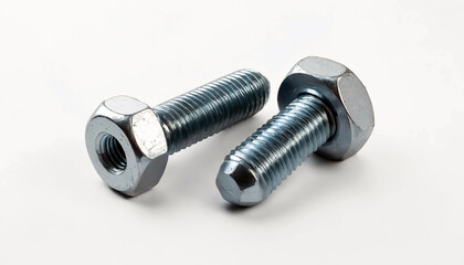 Close-up view of two metallic bolts with hexagonal heads, showcasing intricate threading and shiny surfaces, emphasizing durability and strength in mechanical applications