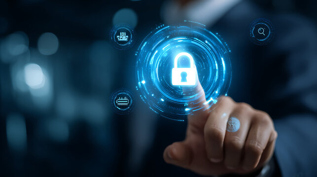 Person touching glowing digital security interface with padlock icon cybersecurity technology - Powered by Adobe