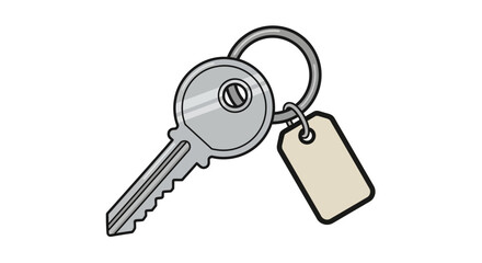 Illustration of a single key with a blank tag on a white background.