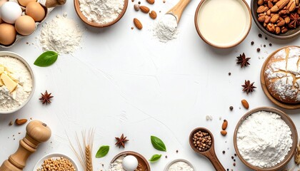 Minimalist flatlay of baking ingredient on white background