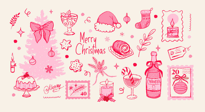 Coquette Christmas doodle hand drawn set of elements, decoration, textured, crayon,  Christmas and new year symbols, vector