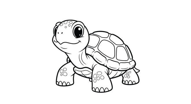 Simple black and white line art of a cute and friendly baby turtle, perfect for a children's coloring book page or activity.