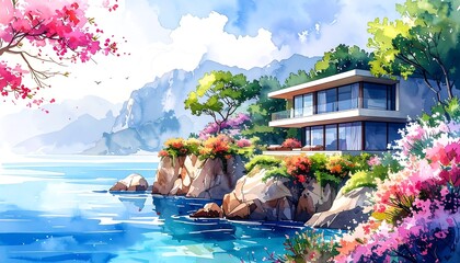 Watercolor Cliffside Villa with Ocean View and Floral Accents.