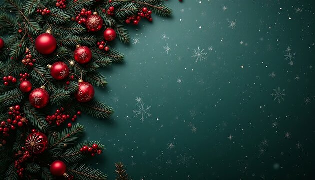 Christmas corner with red baubles, pine branches, and berries on deep teal with falling snow.Festive red ornaments and evergreen pine with holly berries on rich teal backdrop and soft snowflakes.
