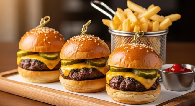 Three small cheeseburgers with pickles are served alongside golden french fries and a dipping sauce - Powered by Adobe