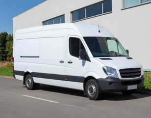 White delivery van parked near modern building on sunny day