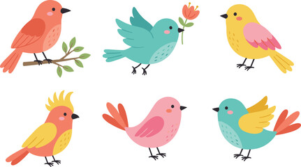 Whimsical cartoon bird collection, colorful feathers, flying teal bird, pink wings, red crest, nature illustration, kids design.eps