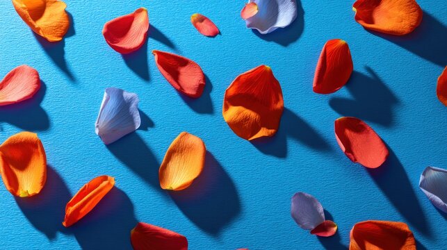 A vibrant display of colorful rose petals scattered across a blue background, with shadows cast by the petals, creating a dynamic and visually appealing composition.