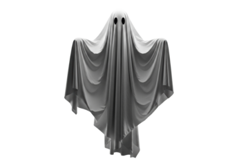 iconic white sheet ghost figure floating dynamically in a studio setup, hyper-detailed fabric texture, deep black eyes, and dramatic rim lighting against a transparent background, spooky halloween