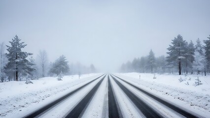 Driving through a snow covered winter landscape with pine trees in the distance on a cold day