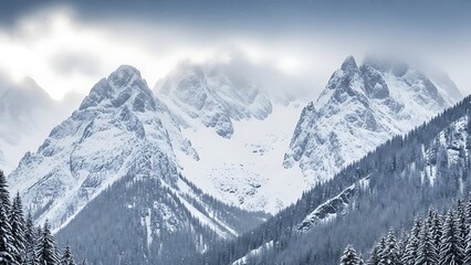 Stunning winter wonderland featuring snow covered mountains and evergreen trees under a dramatic sky