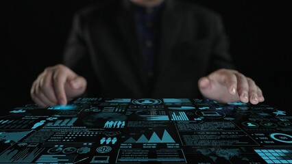 A professional interacts with a high-tech digital interface displaying communication and network data. The futuristic setting highlights analytics and statistics, emphasizing innovation. Cipher