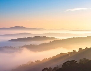 Obraz premium Warm Golden Sunrise Over Layered Misty Hills Creating a Peaceful Atmospheric Landscape