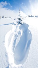 Snowy Winter Landscape with a Single Tree and Footprints.