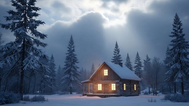 Escape to a cozy log cabin retreat in a snowy winter wonderland with twinkling lights and peaceful serenity - Powered by Adobe