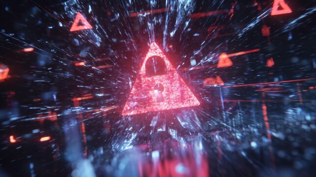 Red triangular warning symbol with lock in digital environment
