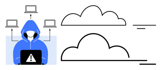 Cybersecurity concept. Cybersecurity threats illustrated with a hacker accessing cloud computing systems. Cybersecurity vital for data protection and secure network management. For tech, security