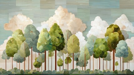 Obraz premium A vibrant, abstract landscape painting of a forest with a mix of green and brown trees, set against a cloudy sky with white clouds and a few scattered clouds. 