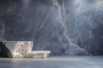 This marble interior showcases a large stone seating area against a wall with bold, highlighted veins. The design emphasizes modern aesthetics with simple lines and forms