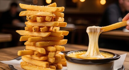 Tall stack of golden fried potatoes served with a pot of melted cheese sauce for dipping