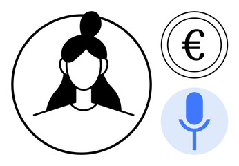 Digital identity, financial transactions, virtual communication, voice recognition, online economy, personal branding. Female avatar with euro symbol and microphone. Digital identity and financial