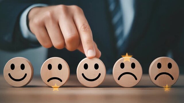 Customer Choosing Happy Smiley Face for Positive Feedback Rating and Satisfaction Survey.
