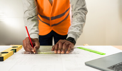 Engineering hands, drawing and blueprint planning at construction site, warehouse and outdoor development. Architecture contractor, project manager or person with floor plan, lines and sketch tools