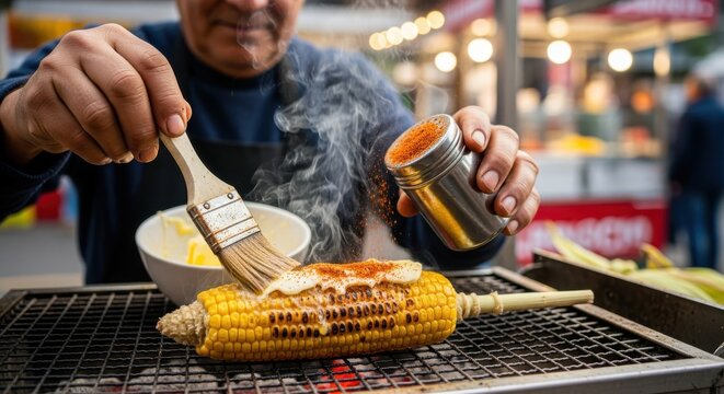 Vendor applies butter and seasoning to freshly grilled corn on the cob over hot coals