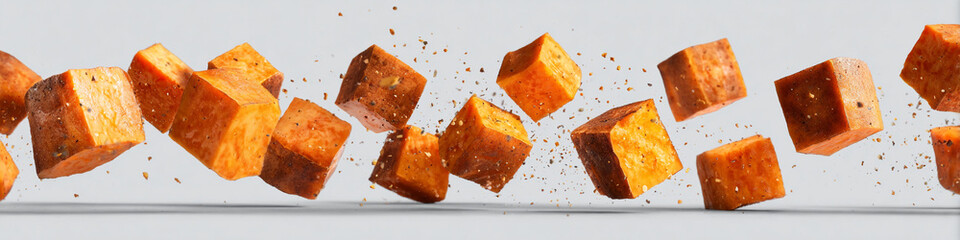 Floating seasoned tofu cubes against a white background in a studio setting
