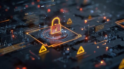 Digital security concept with glowing lock on circuit board background