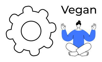 Health and wellness, vegan living, meditation, mindfulness, self-care, balance. A minimalist gear icon and a meditating individual in seated pose. Vegan living and mindfulness concepts