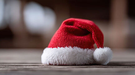 Traditional red Santa hat with white fur trim rests on table.