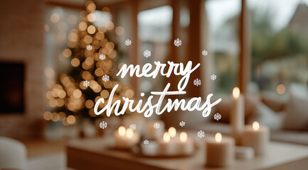 Handwritten festive message overlays blurred living room with glowing tree and candles.

