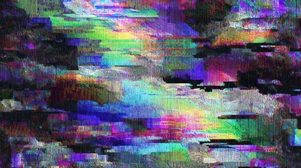 A colorful, abstract digital glitch effect with vibrant colors and pixelated textures.
