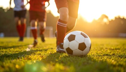 Soccer ball on the field with players in background.