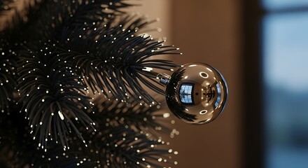 Close up of a christmas tree with silver ornament and fiber optic lights creating a festive scene