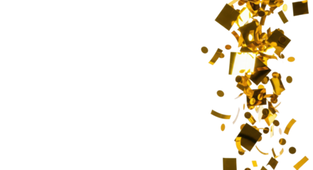 shiny, metallic golden confetti (squares, streamers, circles) dynamically falling, frozen mid-air against a bright white studio background with ample copy space, pronounced bokeh. Festive victory