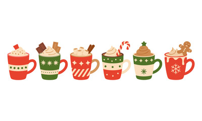 Red and green christmas mugs with festive patterns
 vector illustration, easily editable. 