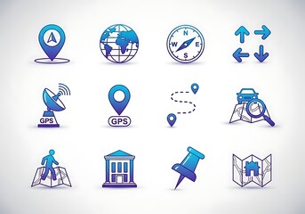 Collection of location and navigation icons including map pins globe compass and directions