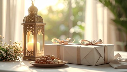 Festive Islamic holiday table setting featuring a glowing Arabic lantern, gift boxes with golden ribbons, and a plate of nuts in soft morning light