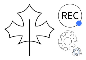 Technology, recording systems, nature , process automation, digital tools, and eco-friendly tech. Outline maple leaf, gears symbol and recording REC circle. Technology and recording systems concept