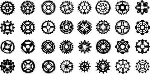 Mechanical gears and cogwheels vector icon set, industrial machine mechanism silhouette collection, black and white technical engineering graphic design element, motion system symbol isolated