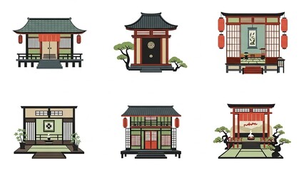 Traditional Japanese and Chinese Architecture Set with Temples and Houses.
