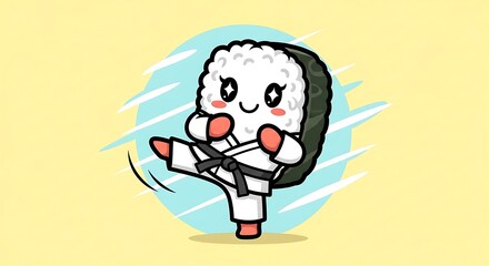 Cute Sushi Roll Character Practicing Martial Arts with a Kick.