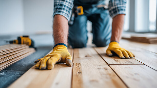 Using knee pads while laying laminate flooring. A worker kneels in protective gear, fitting laminate boards together. The composition captures comfort, focus, and realistic constru