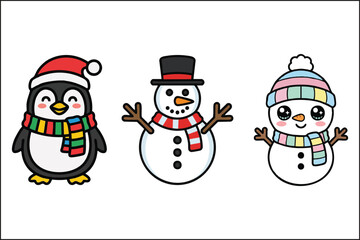 Cute Winter Character Trio: Penguin and Snowmen