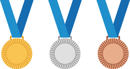 Gold Silver Bronze Medals with Blue Ribbons on White Background gold medal silver medal