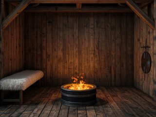 Obraz premium Viking longhouse interior with roaring fire and fur-covered bench